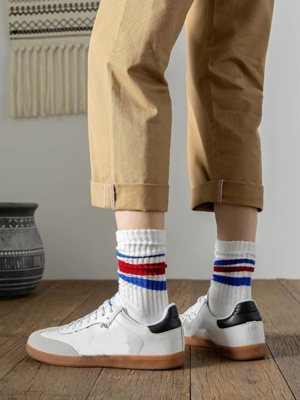 Cozy Striped Crew Socks for Men & Women - 5 Pairs, Seamless Cotton Tube Style